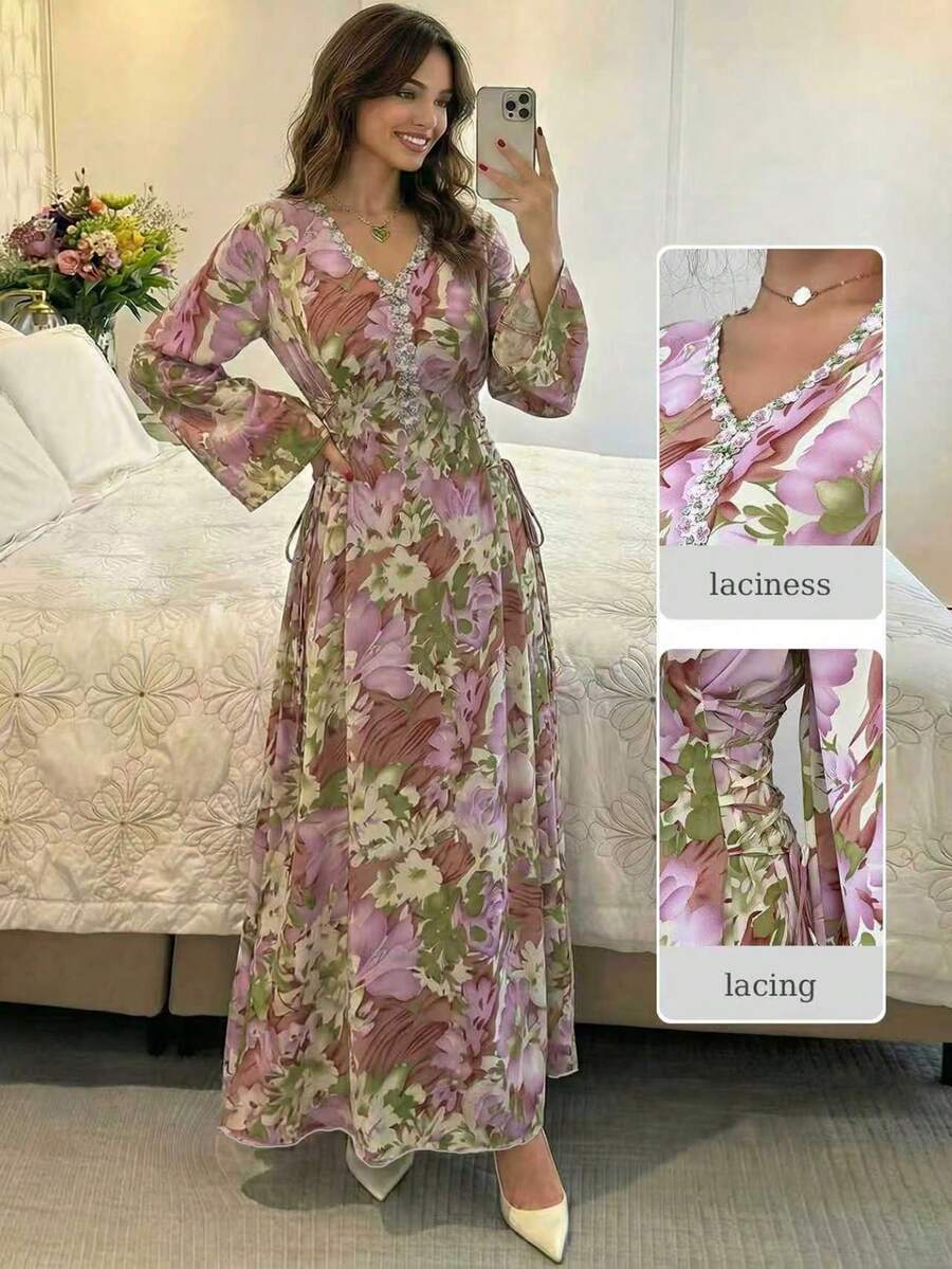 Al Najma 女士印花V领贴花长袖阿拉伯连衣裙 - 彩色 - 查看 1