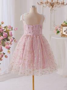 SHEIN Pitira Tween Girl Woven Solid Color Mesh Embroidered Floral Slip Dress - Pink - View 2