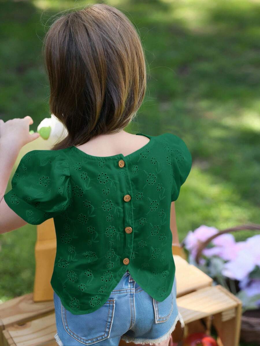 Emery Rose Kids Emery Rose Kids 女婴休闲简约舒适圆领泡泡袖镂空刺绣上衣，适合日常穿着和开学季 - 綠色 - 查看 1