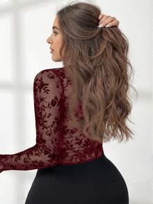 Firerie Plus Size Mesh Patchwork Embroidered Sweetheart Neck Elegant Long Sleeve T-Shirt Fall - Red - View 2