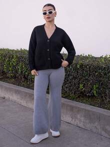 Andrea Bello Damen einfarbige Tasche Langarm gestrickte Strickjacke, Herbst - Schwarz - Übersicht 5