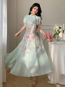 Modelyn Đầm xòe in họa tiết, xếp ly, thắt eo dành cho nữ - Màu xanh nhạt - Xem 4