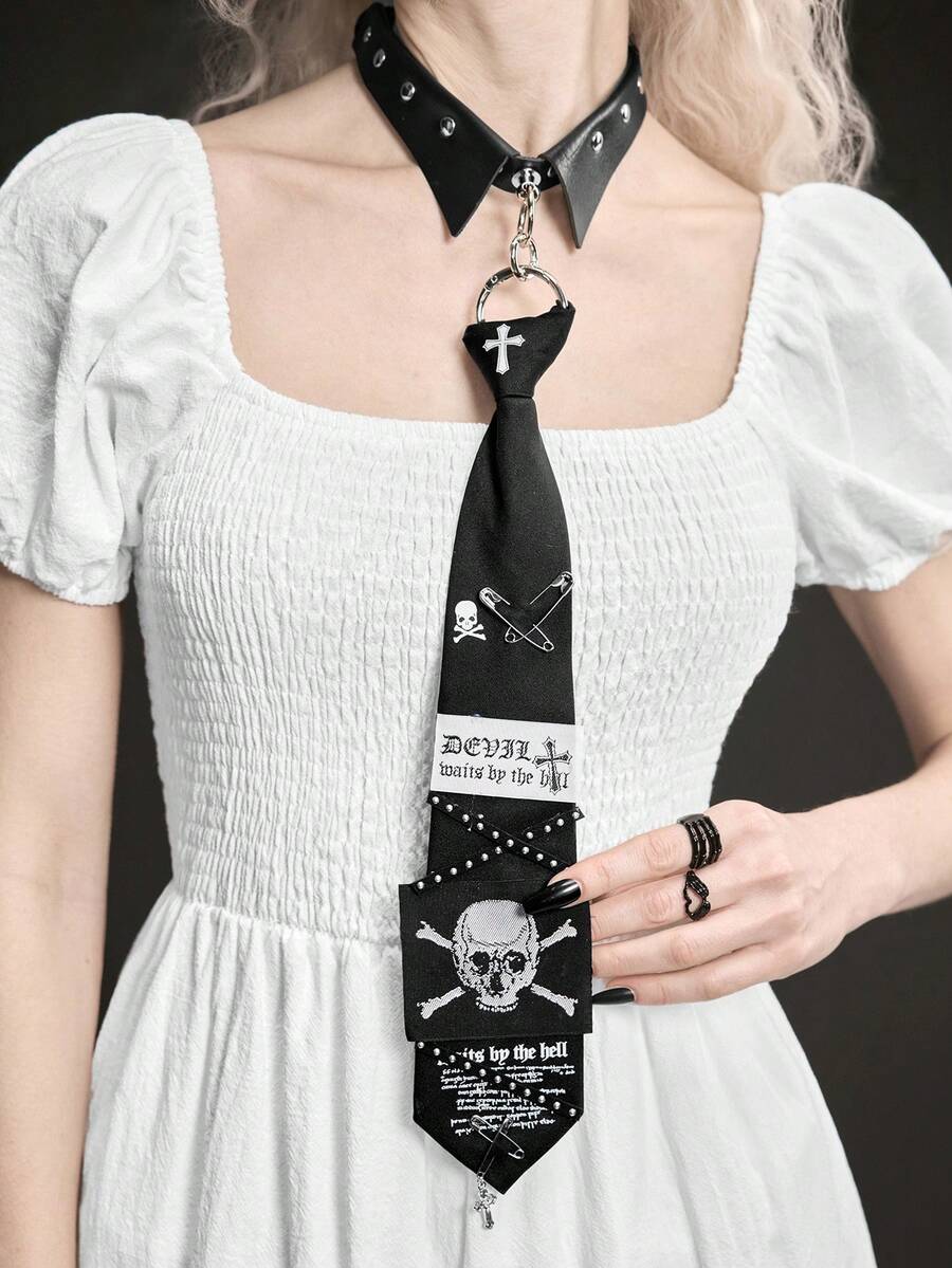 ROMWE Grunge Punk 1pc Black Y2K Punk Style Rivet Zipper Metal Skull & Letter Print Unisex Necktie, Goth Dark Accessories, Unique Personalized Decor - Dark Black - View 1
