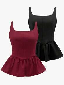 INAWLY 2pcs Women Summer Casual Vacation Daily Commute Minimalist Solid Color Square Neck Peplum Hem Tank Top - Multicolor - View 3