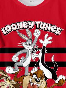 LOONEY TUNES X SHEIN Áo thun mùa hè cho bé trai tuổi teen, cổ tròn, vai rớt, tay ngắn, in hình hoạt hình dễ thương, họa tiết toàn thân. - trắng - Xem 4