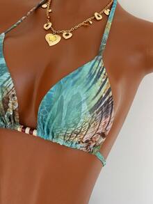 Swim Vcay Women's Summer Tie Dye Mist Textured Snake Print Halter Beaded Bikini Set With Sheer Maxi Dress, Bohemian Relaxed Beach Vacation Swimwear - Multicolor - View 6