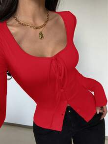 SHEIN Glamour 性感纯色针织弹力圆领系带长袖修身纽扣装饰百搭女式T恤 - 紅色 - 查看 3