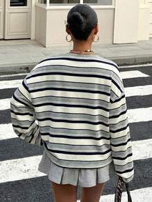 Muchica Grey Striped Knit Loose Fit Dropped Shoulder Long Sleeve Round Neck T-Shirt For Women - Grey - View 2