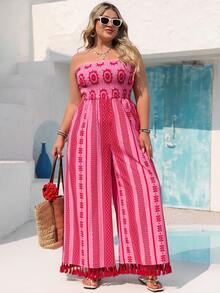 Vivid Eden Plus Size Boho Pink Folk Custom Pattern Strapless Long Jumpsuit With Shirred Details Woven Fabric Sleeveless Summer Outfit - Pink - View 4
