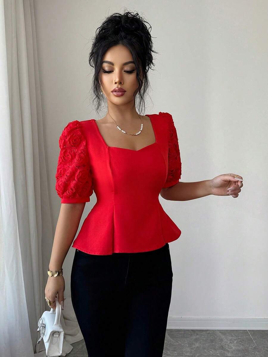 SHEIN Clasi Women's Elegant Rose Flower Applique Puff Sleeve Ruffle Hem Blouse, Summer - Red - View 1