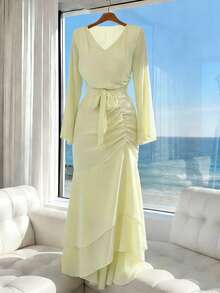 Modelyn Yellow Chiffon Mermaid Hem Dress - Light Yellow - View 2