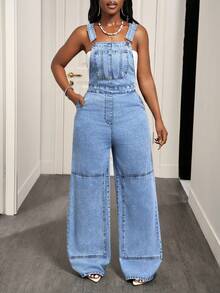 Slaydiva Women's Casual Versatile Everyday Pocketed Denim Jumpsuit With Wide Leg - Blue - View 3