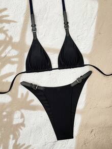 ROMWE Goth Women's New Black Faux Leather Strap Waist Buckle V-Neck Halter Triangle Top And Bottom Bikini Swimsuit 2-Piece Set, Spring/Summer - Black - View 6