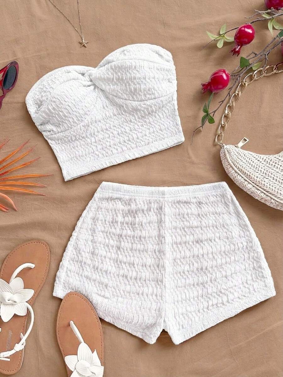 Soleia Women's Summer Vacation Solid Color Textured Twist Front Bandeau Top And Shorts 2 Pieces Set No Chest Padding - White - View 1