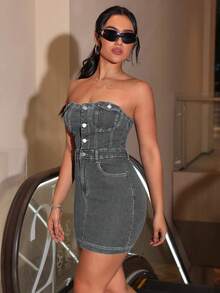 Jeanoix Abito in denim tubolare elasticizzato di colore unito da donna - Grigio - Visualizzare 6
