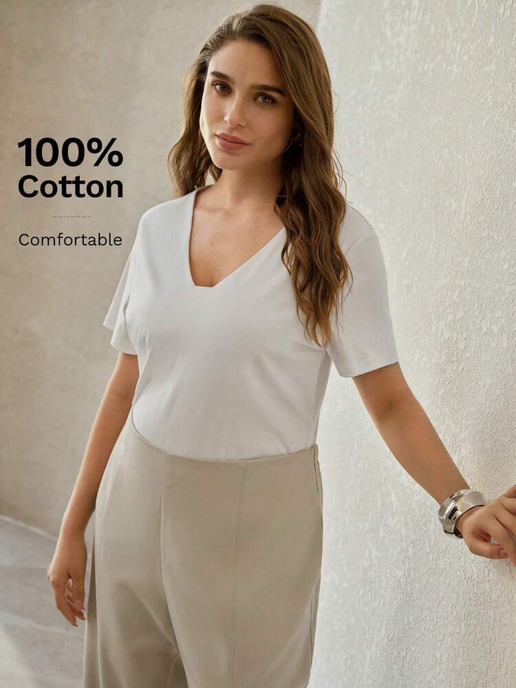 PLUS SIZE 100% COTTON V-NECK SHORT SLEEVE T-SHIRT, CLASSIC FOR SPRING/SUMMER