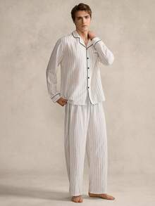 Men's Comfortable Casual Striped Button-Front Shirt And Pants Pajama Set, Autumn - Khaki - View 5
