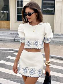 Serisse Women's Floral Embroidered Round Neck Short Sleeve Top And Skirt Elegant 2-Piece Set - Multicolor - View 6