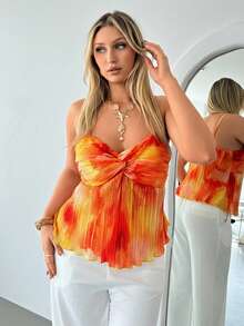 Auralis 大码女式舒适优雅度假/海滩休闲浪漫约会宽松系带吊带背心，花卉印花，橙色扎染 - 橘色 - 查看 7