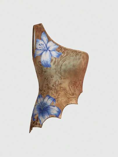 ROMWE Hippie Women's Sexy Wild Babe Vacation Style Asymmetric Hem Floral Tie-Dye Print Fitted Blouse, Summer