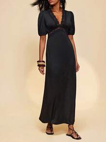 Travachic Đầm nữ dáng ôm cổ chữ V phối ren màu đen trơn, kiểu dáng xòe eo, mới năm 2026. - màu đen - Xem 5