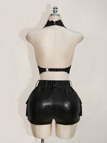 SHEIN ICON Y2K 女式外出哥特黑色科切拉暗黑学院风夏季时尚撞色蕾丝条纹露背短款背心 - 黑色 - 查看 9