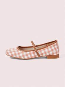 CUCCOO DOLLMOD Sepatu Mary Jane Wanita Motif Kotak-kotak Cokelat Muda, Ujung Persegi Datar, Sepatu Hak Rendah yang Lucu dengan Gaya Kampus, Cocok untuk Musim Semi, Paskah, Natal - Coklat Berkarat A - View 8