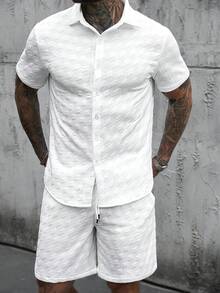 Manfinity Homme Men's Solid Color Button-Front Short Sleeve Shirt And Drawstring Waist Shorts 2 Piece Set,White Summer Casual City Break Men's Outfits - White - View 5