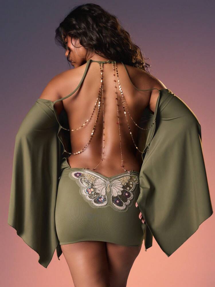 MISSGUIDED Vestido mini de manga de murciélago con hombros descubiertos, con aplicación de mariposa con cuentas y detalle de cadena en la espalda para fiestas de otoño e invierno, ajustado y elástico - Verde - Ver 1