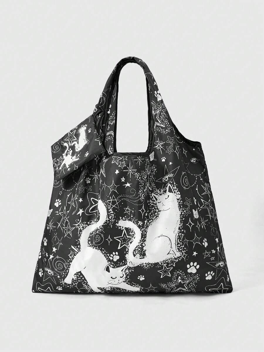 ROMWE Kawaii 时尚爱心和音符图案大容量可折叠手提包，带零钱包，便携购物袋 - 黑色手繪貓咪 - 查看 1