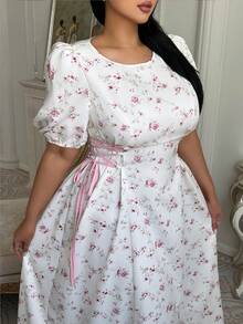 Lyrianda Modest Plus Size French Jacquard Tie-Up Dress,Summer White Floral Maxi Curve Tea Party Holiday Milkmaid Cottagecore Puffy Sleeve Elegant Midi Dress - Apricot - View 4