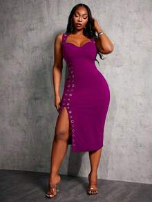 SHEIN SXY Vestido de fiesta sexy y elegante para mujer de talla grande, con tirantes anchos, decoración de ojales en el corpiño, vestido negro ajustado con abertura alta - Morado - Ver 6