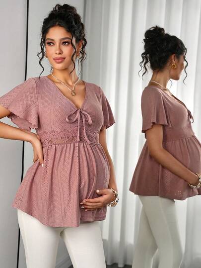 Momance Hollow Embroidery Ruched Chest Ruched Decor Elegant Cute Casual Maternity T-Shirt