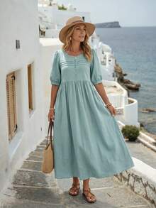 EMERY ROSE Women's Solid Color Simple Short Sleeve Long Dress, Casual Daily Wear Going Out Dress Modest Dress  Old Money Dress Homecoming Dress Vacation Dress  Casual Dresses For Woman  Fall Women Clothes Fall Clothes Autumn Clothes Teacher Outfits For Women Teacher Outfits For Women Teacher Outfits 100 Cotton Dresses Casual Long Dress Cottagecore Dress Smocked Women Dress Puff Sleeve Dress - Mint Green - View 4