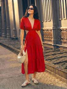 Daynim Plunging Neck Cut Out Waist Ruffle Hem Dress - Red - View 2