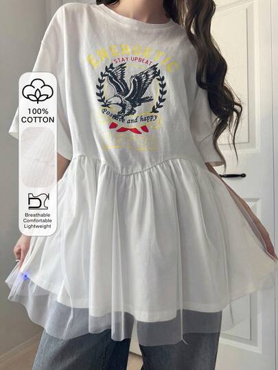 FRIFUL 女士圆领宽松T恤，饰有大号图案印花、荷叶边下摆和网纱拼接，适合春夏季穿着