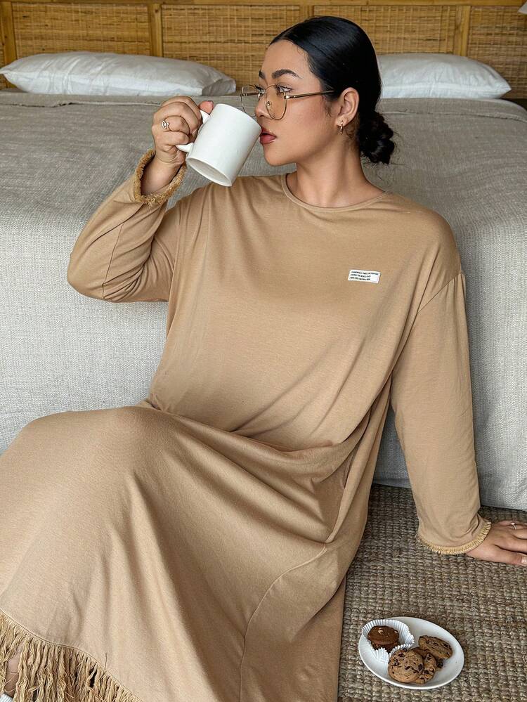 Dazy Plus Plus Size Women Casual Loose Hem Patchwork Straight Maxi Dress Sleepwear