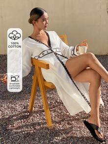 DAZY Bata de mujer de longitud media con encaje y bloques de color - Blanco - Ver 4