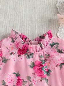 女婴夏季新款玫瑰印花短袖荷叶边连衣裙，优雅时尚，后背拉链设计，适合日常、通勤、生日派对等各种场合，四季皆宜。 - 粉色 - 查看 6