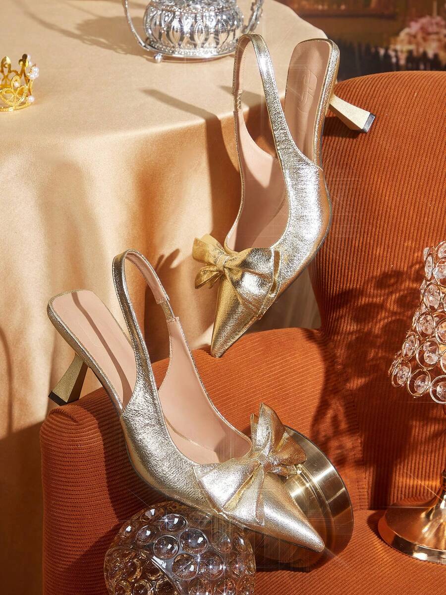 CUCCOO TILAWA 女士优雅香槟色蝴蝶装饰尖头高跟鞋，奢华派对鞋 - 金色 - 查看 1