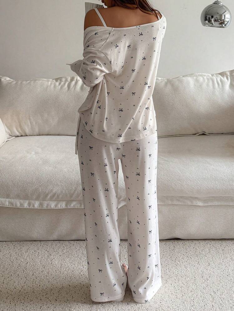 3pcs Bow Polka Dot Allover Print Cardigan, Camisole And Pants Women Pajama Set