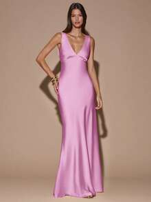 SHEIN BAE Đầm màu vàng kem trơn, tối giản, gợi cảm, cổ chữ V sâu, không tay, hở lưng, thắt nơ, thích hợp cho tiệc tùng, cocktail, các dịp trang trọng, phù dâu, sinh nhật, Giáng sinh, hoặc công sở. - Màu Hồng baby - Xem 2