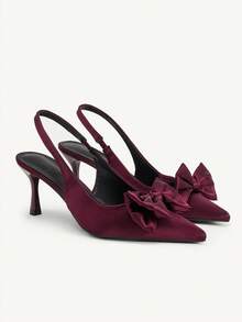 CUCCOO CHICEST 女士春夏蝴蝶结性感尖头细跟7.5厘米缎面纯色高跟鞋，适合日常通勤和约会穿着。 - 酒紅色色丁 - 查看 2