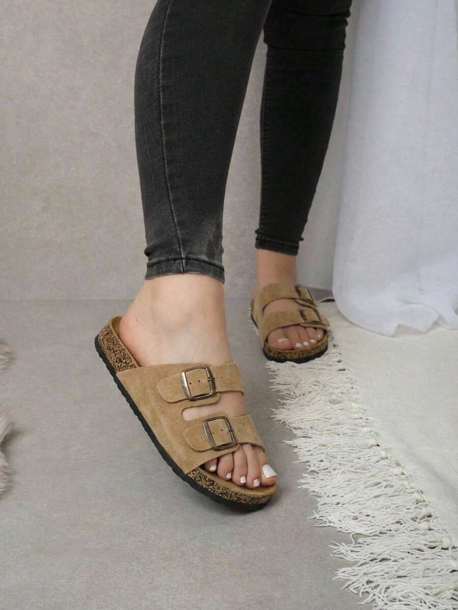 Sandalias de playa de moda para mujer con doble hebilla, suela de corcho ergonómica, planas de punta abierta, transpirables, versátiles y cómodas para caminar al aire libre - Tan - Ver 1