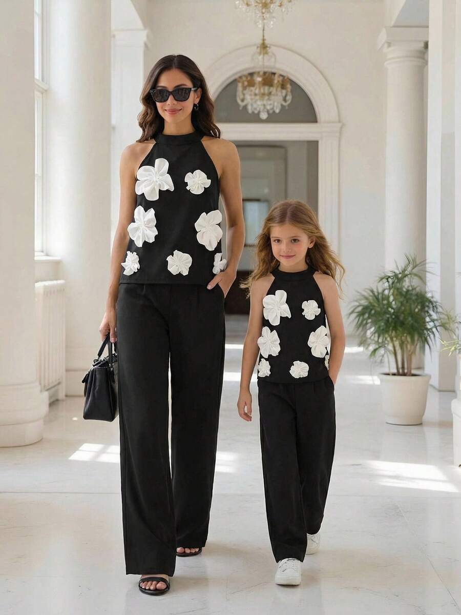 SHEIN Elladie kids Set di top a canotta con decorazione floreale e pantaloni a gamba ampia, casual estivo per ragazze - nero - Visualizzare 1