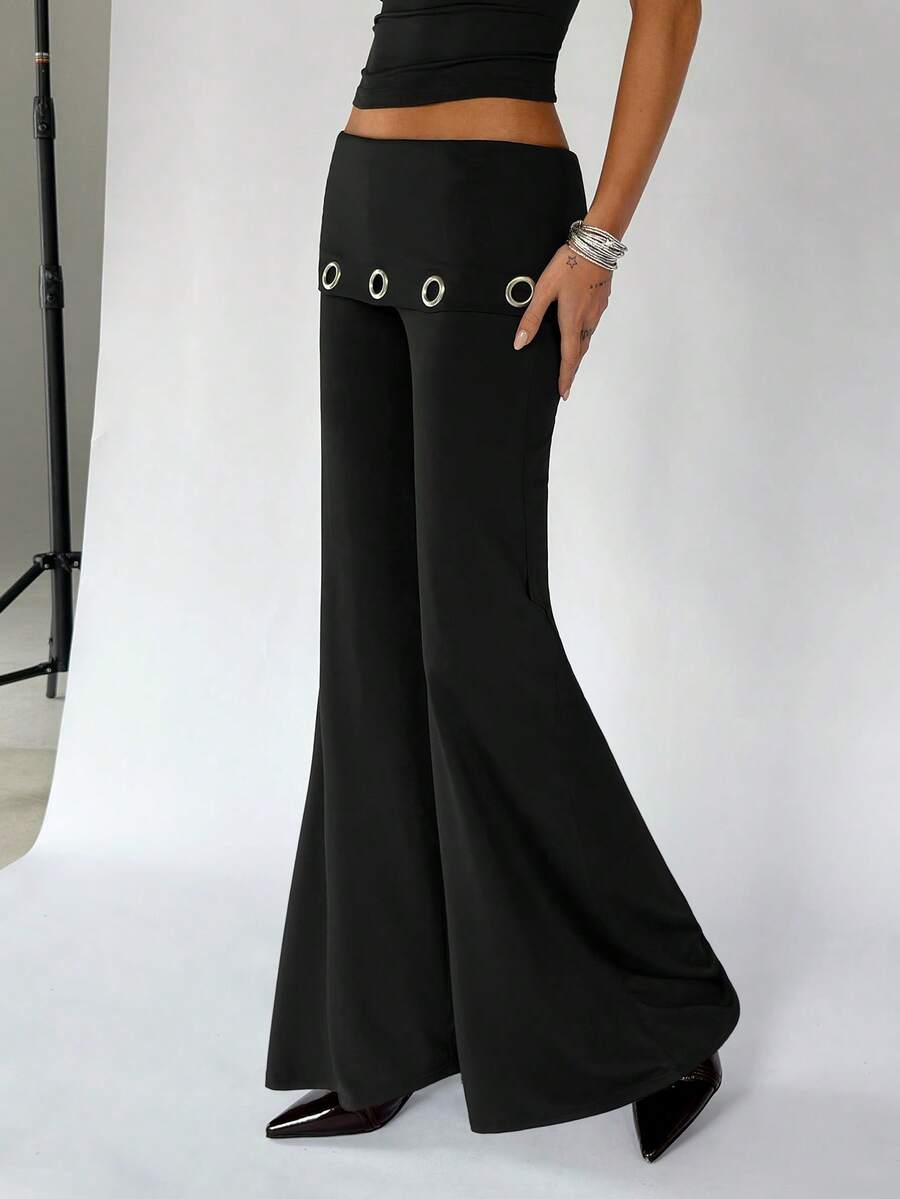 SHEIN TRNDY Women's Casual Street Style Black Low-Waist New Eyelet Patchwork Hollow-Out Punk Chic Party Relaxed Fit Elastic Waist Wide Leg Flare Pants, Summer - Black - View 1