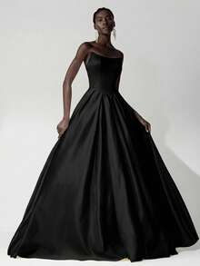 SHEIN Belle Đầm maxi nữ thanh lịch, lãng mạn màu đen bằng satin, không dây vai, phần thân trên xếp ly, dây buộc phía sau có thể điều chỉnh, đường may tinh tế, phù hợp cho tiệc tùng, sự kiện trang trọng, hẹn hò. - màu đen - Xem 4