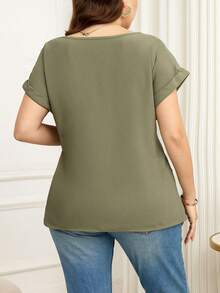Reflora Plus Size Olive Green Summer Smart Casual Office Blouse,Solid Rolled Sleeve Waist Ruched Elegant Minimalist Short Sleeve Tie Front Top For Mother - Green - View 9