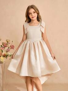 Girls' Apricot Color Asymmetric Hem Dress With Bow Decor, Midi Length Children's Formal Wear Teen Girl Elegant Dress Beige Cocktail Dress For Tween Ivory Tween Dress Elegant Dress For Tweens Tween Champagne Easter Dress Elegant Spring Tween Dress Cream Dress For Girls Beige Formal Dress For Girl - Apricot - View 6