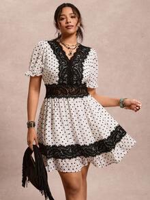 SHEIN VCAY Robe à la mode pour femmes grandes tailles avec contraste de dentelle et imprimé à pois, manches à volants - Blanc - Voir 7